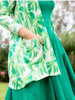 New! Green Palm Print Cardigan with Teal Dress